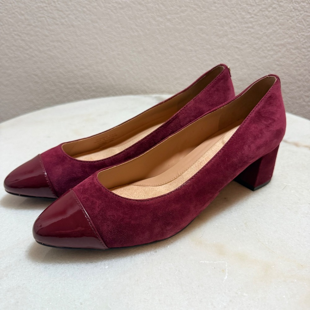 NWOT‎ Cole Haan Burgundy Suede Patent Cap Toe Block Heel Pumps W30825 6.5C Wide - Picture 3 of 9
